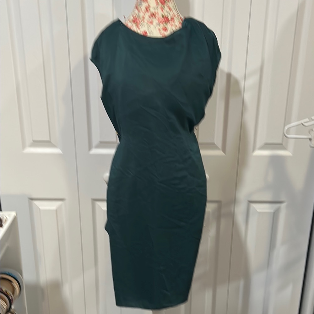 M.s.s.p. Green Ribbed Sheath Midi Dress Crew Neck Cap Sleeve